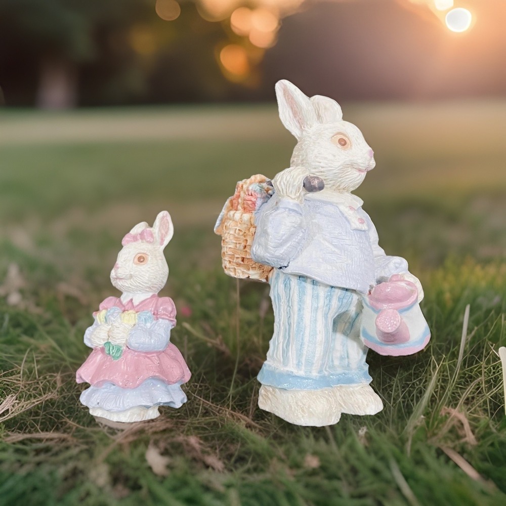 Resin Easter Bunny Figurine Set Gardener Rabbit Daughter Pink Blue Decor